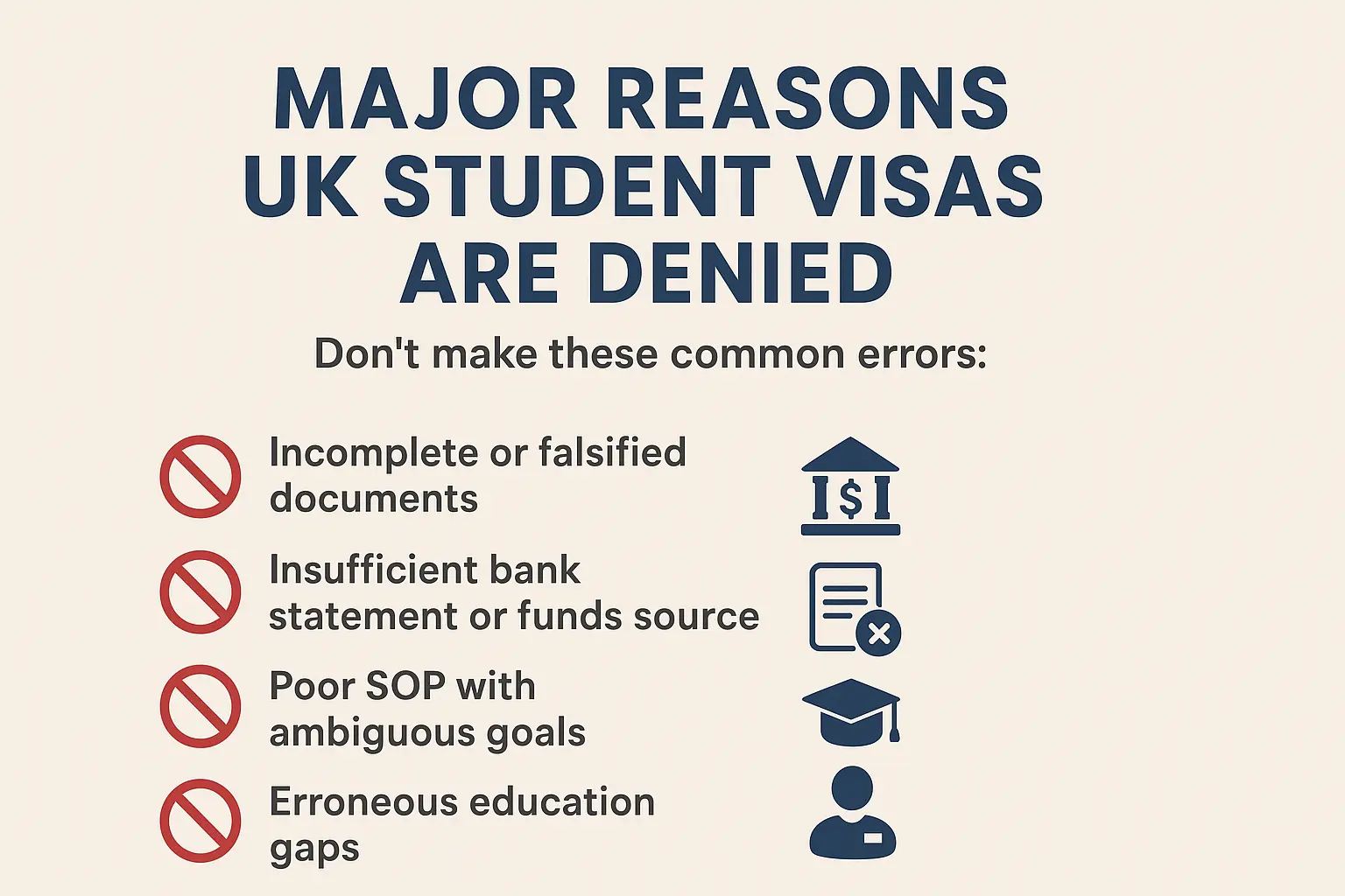 Info graphic listing common reasons UK study visas are refused, including incomplete documents, poor SOP, insufficient funds, and interview issues.