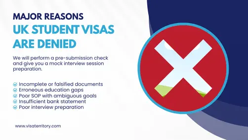 Info graphic listing reasons UK study visas are refused, such as incomplete documents, poor SOP, insufficient funds, or weak interview preparation