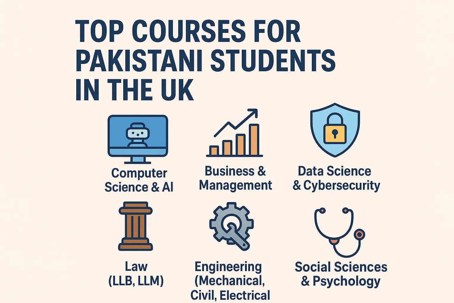 Info graphic showing top courses in the UK for Pakistani students: Computer Science, Business, Data Science, Law, Engineering, Healthcare, Social Sciences.