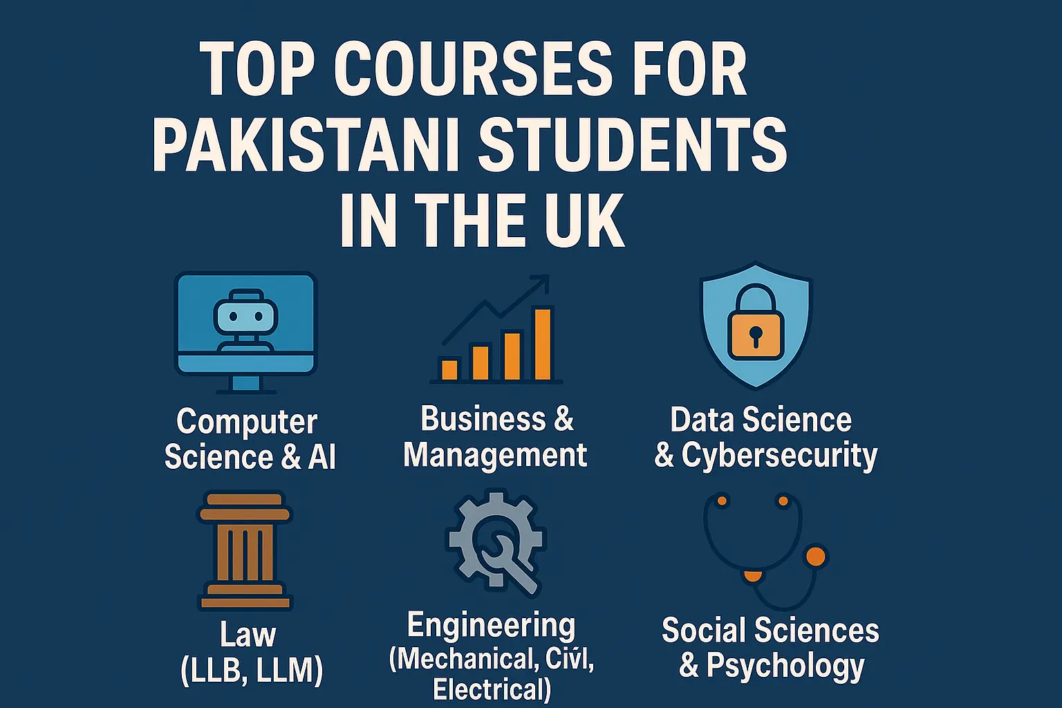 Info graphic showing the most popular UK courses for Pakistani students: Computer Science, Business, Data Science, Law, Engineering, Healthcare, Social Sciences.
